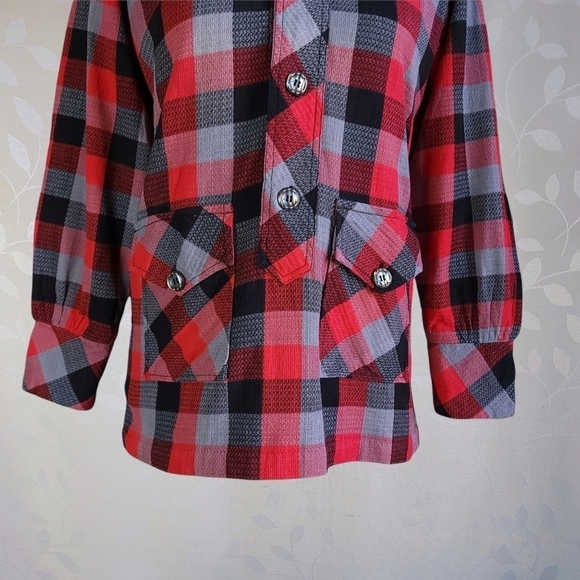 Vintage 60s 70s Buffalo Plaid Dagger Collar Handmade Popover Tunic Top Red Gray - Picture 7 of 16